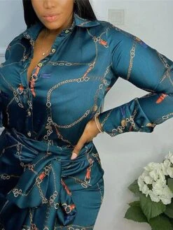 Women's Shirt Dress Sheath Dress Maxi Long Dress Winter Dress Daily Date Polyester Fashion Formal Shirt Collar Lace Up Button Long Sleeve Winter Fall Spring 2022 Slim Green Print S M L XL XXL -HANA Luxury Wear Shop djsnva1631865785561