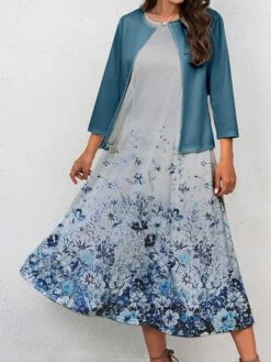 Women's Two Piece Dress Set Casual Dress Swing Dress Outdoor Office Fashion Streetwear Print Midi Dress Crew Neck 3/4 Length Sleeve Floral Regular Fit Navy Blue Royal Blue Blue Fall Winter S M L XL -HANA Luxury Wear Shop djssdn1697770545383