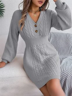 Women's Sweater Dress Winter Dress Jumper Dress Mini Dress Active Pure Color Outdoor Casual Holiday Vacation V Neck Long Sleeve Button 2023 Regular Fit White Pink Green S M L -HANA Luxury Wear Shop djupad1696926546985