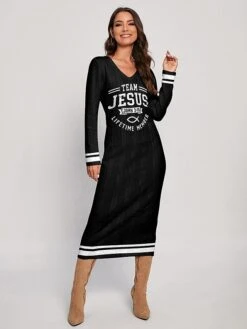 Women's Sweater Dress Winter Dress Jumper Dress Midi Dress Warm Letter Outdoor Daily Holiday Vacation V Neck Long Sleeve 2023 Regular Fit Black White S M L XL XXL 3XL -HANA Luxury Wear Shop dkfpae1697525542473