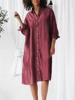 Women's Shirt Dress Casual Dress Cotton Linen Dress Midi Dress Linen / Cotton Blend Basic Classic Outdoor Daily Vacation Shirt Collar Button Long Sleeve Spring Fall Autumn 2023 Loose Fit ArmyGreen -HANA Luxury Wear Shop dkwehx1692267144563