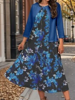 Women's Two Piece Dress Set Casual Dress Swing Dress Outdoor Office Fashion Streetwear Print Midi Dress Crew Neck 3/4 Length Sleeve Floral Regular Fit Navy Blue Royal Blue Blue Fall Winter S M L XL -HANA Luxury Wear Shop dkxjfy1697786028208