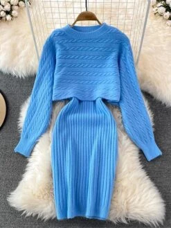 Women's Two Piece Dress Set Casual Dress Sheath Dress Outdoor Daily Fashion Streetwear Ruched Midi Dress Crew Neck Long Sleeve Plain Loose Fit Black White Wine Fall Winter One-Size -HANA Luxury Wear Shop dldrrc1694057144591