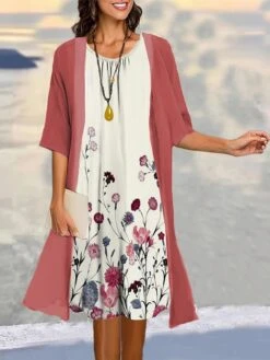 Women's Two Piece Dress Set Casual Dress Print Dress Outdoor Daily Fashion Elegant Print Midi Dress Crew Neck 3/4 Length Sleeve Floral Regular Fit Black Yellow Red Summer Spring S M L XL XXL -HANA Luxury Wear Shop dllwdw1683710330582