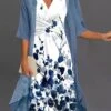 Women's Two Piece Dress Set Casual Dress Tank Dress Outdoor Daily Fashion Elegant Twist Knot Front Midi Dress V Neck Half Sleeve Leaf Regular Fit Blue Summer Spring S M L XL XXL