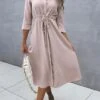Women's Shirt Dress Casual Dress Maxi Long Dress Daily Weekend Polyester Classic Modern Shirt Collar Ruched Button 3/4 Length Sleeve Spring Fall Winter 2023 Regular Fit Pink Pure Color S M L XL 2XL -HANA Luxury Wear Shop dnpciw1671444452695