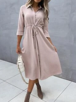 Women's Shirt Dress Casual Dress Maxi Long Dress Daily Weekend Polyester Classic Modern Shirt Collar Ruched Button 3/4 Length Sleeve Spring Fall Winter 2023 Regular Fit Pink Pure Color S M L XL 2XL