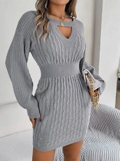 Women's Sweater Dress Jumper Dress Casual Dress Mini Dress Fashion Pure Color Outdoor Daily Going Out Crew Neck Long Sleeve Cut Out 2023 Loose Fit Wine Khaki Gray S M L -HANA Luxury Wear Shop dnrhsa1695643847784