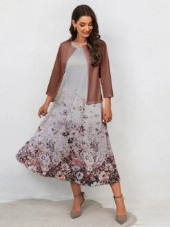 Women's Two Piece Dress Set Casual Dress Swing Dress Outdoor Office Fashion Streetwear Print Midi Dress Crew Neck 3/4 Length Sleeve Floral Regular Fit Navy Blue Royal Blue Blue Fall Winter S M L XL -HANA Luxury Wear Shop dnyhfo1697770549139