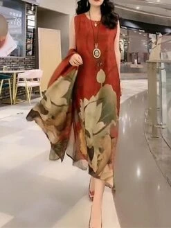Women's Two Piece Dress Set Casual Dress Swing Dress Daily Holiday Fashion Casual Print Midi Dress Crew Neck Half Sleeve Floral Print Loose Fit Red Blue Orange Summer Spring M L XL XXL 3XL -HANA Luxury Wear Shop dofslk1691462012564