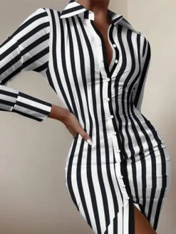 Women's Shirt Dress Casual Dress Midi Dress Outdoor Daily Vacation Polyester Fashion Casual Shirt Collar Button Long Sleeve Spring Fall Winter 2023 Regular Fit Black White Red Letter Tie Dye Striped -HANA Luxury Wear Shop dopaqi1693386323186