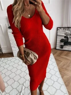 Women‘s Sweater Dress Winter Dress Sheath Dress Midi Dress Black Red Blue Long Sleeve Pure Color Ruched Spring Fall Winter V Neck Fashion Vacation Fall Dress 2023 S M L XL XXL 3XL 4XL 5XL -HANA Luxury Wear Shop douohd1607938428708