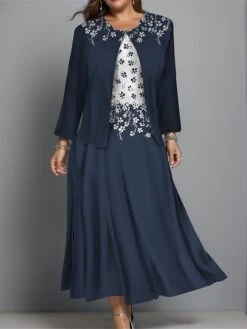 Women's Plus Size Two Piece Dress Set Casual Dress Swing Dress Outdoor Office Fashion Streetwear Print Midi Dress Crew Neck Long Sleeve Floral Regular Fit Navy Blue Purple Gray Fall Winter L XL XXL