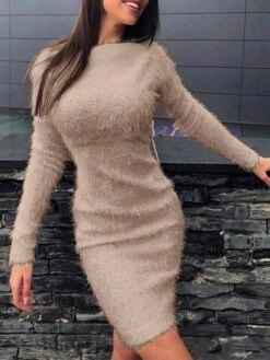Women‘s Sweater Dress Winter Dress Sheath Dress Pink Khaki Light Blue Gray White Long Sleeve Pure Color Winter Fall Crew Neck Boho Casual S M L XL XXL 3XL -HANA Luxury Wear Shop dqikxy1603776777491