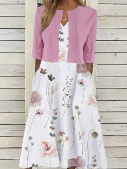 Women's Two Piece Dress Set Casual Dress Print Dress Outdoor Daily Fashion Elegant Pocket Print Midi Dress V Neck Half Sleeve Floral Regular Fit Pink Blue Purple Summer Spring S M L XL XXL -HANA Luxury Wear Shop dqnimd1680780691996