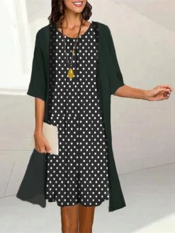 Women's Two Piece Dress Set Casual Dress Print Dress Outdoor Daily Fashion Elegant Print Midi Dress Crew Neck 3/4 Length Sleeve Polka Dot Loose Fit Black Yellow Blue Summer Spring S M L XL XXL -HANA Luxury Wear Shop dqpvbd1689736232801