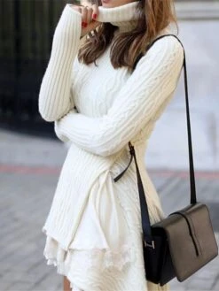 Women‘s Sweater Dress Winter Dress White Dress White Long Sleeve Pure Color Lace Layered Plus High Low Winter Fall Turtleneck High Neck Stylish Elegant Casual 2022 S M L XL XXL XXXL 4XL -HANA Luxury Wear Shop dqsuzw1636354375962