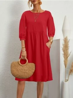 Women's Casual Dress Cotton Dress Midi Dress Cotton Basic Classic Outdoor Daily Vacation Crew Neck Ruched 3/4 Length Sleeve Fall Winter Autumn 2023 Loose Fit ArmyGreen Black White Plain S M L XL 2XL -HANA Luxury Wear Shop drynru1693739257060