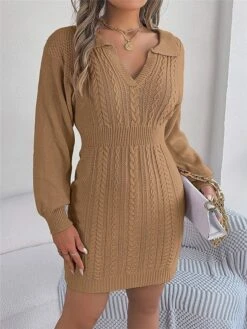 Women's Sweater Dress Winter Dress Jumper Dress Mini Dress Warm Pure Color Outdoor Casual Holiday Vacation V Neck Long Sleeve 2023 Regular Fit Pink Burgundy Green S M L -HANA Luxury Wear Shop dsbvci1696926494066