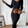 Women‘s Sweater Dress Winter Dress Black Khaki White Long Sleeve Pure Color Patchwork Fall V Neck Hot Casual S M L XL