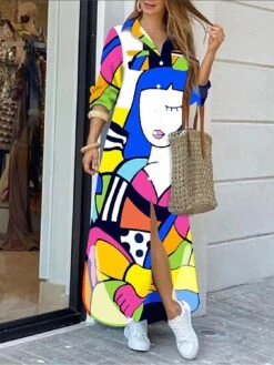 Women's Shirt Dress Casual Dress Maxi Long Dress Outdoor Daily Polyester Fashion Hot Shirt Collar Button Print Long Sleeve Summer Spring Fall 2023 Regular Fit ArmyGreen Black Pink Geometric Abstract -HANA Luxury Wear Shop dtfvkh1689054964010