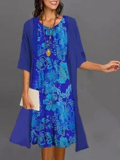 Women's Two Piece Dress Set Casual Dress Print Dress Outdoor Daily Fashion Elegant Print Midi Dress Crew Neck 3/4 Length Sleeve Floral Regular Fit Wine Navy Blue Blue Summer Spring S M L XL XXL -HANA Luxury Wear Shop dtjuwe1687920845428