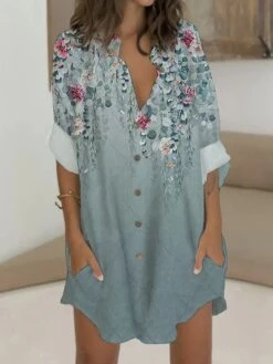 Women's Shirt Dress Casual Dress Shift Dress Mini Dress Outdoor Date Vacation Polyester Fashion Modern V Neck Button Pocket 3/4 Length Sleeve Summer Spring 2023 Regular Fit White Pink Blue Bird Flower -HANA Luxury Wear Shop dtladr1676969400415