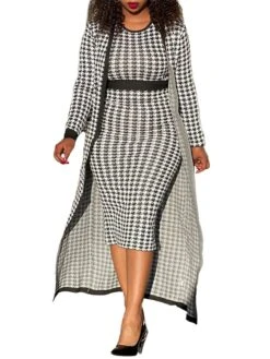 Women's Two Piece Dress Set Casual Dress Sheath Dress Daily Going Out Streetwear Modern Print Midi Dress Crew Neck Long Sleeve Houndstooth Regular Fit Black Fall Winter S M L XL XXL -HANA Luxury Wear Shop dtvhjn1695194336697