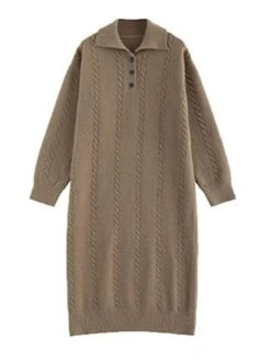 Women's Sweater Dress Jumper Dress Casual Dress Midi Dress Fashion Pure Color Outdoor Daily Vacation Going Out Lapel Long Sleeve Patchwork Button 2023 Regular Fit White Camel One Size -HANA Luxury Wear Shop dtxigj1695280912711