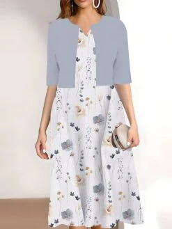 Women's Two Piece Dress Set Casual Dress Print Dress Outdoor Daily Fashion Elegant Print Midi Dress V Neck Half Sleeve Floral Print Regular Fit Pink Navy Blue Sky Blue Summer Spring S M L XL XXL -HANA Luxury Wear Shop dueptg1689671524296