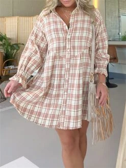Women's Shirt Dress Casual Dress Mini Dress Outdoor Daily Vacation Polyester Fashion Modern Shirt Collar Button Pocket Long Sleeve Spring Fall Winter 2023 Loose Fit Pink Plaid S M L XL 2XL -HANA Luxury Wear Shop duhuws1695027666393