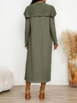 Women's Two Piece Dress Set Casual Dress Sheath Dress Home Daily Fashion Streetwear Split Midi Dress Stand Collar Long Sleeve Plain Slim Black Army Green Gray Fall Winter S M L XL XXL -HANA Luxury Wear Shop dupexi1695813701652