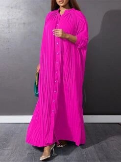 Women's Shirt Dress Casual Dress Swing Dress Maxi Long Dress Outdoor Daily Polyester Fashion Classic V Neck Button Long Sleeve Spring Fall Winter 2023 Loose Fit Yellow Dark Pink Blue Pure Color S M L -HANA Luxury Wear Shop duwgfq1691466417260