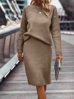 Women's Two Piece Dress Set Casual Dress Skirt Set Outdoor Daily Fashion Streetwear Ribbed Midi Dress Stand Collar Long Sleeve Plain Loose Fit Khaki Gray Fall Winter S M L XL XXL -HANA Luxury Wear Shop dvfhbn1693534952145
