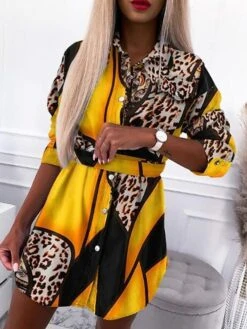 Women's Shirt Dress Casual Dress Mini Dress Outdoor Daily Vacation Polyester Casual Shirt Collar Patchwork Button Long Sleeve Summer Spring Fall 2023 Regular Fit Yellow Green Khaki Leopard Color Block -HANA Luxury Wear Shop dvkhao1689823574185