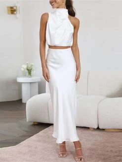 Women's Two Piece Dress Set Casual Dress Skirt Set Daily Holiday Fashion Sexy Ruched Long Dress Maxi Dress Stand Collar Sleeveless Plain Regular Fit Black White Light Green Summer Spring S M L XL -HANA Luxury Wear Shop dvxyuv1690857193820