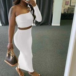 Women's Dress Set Two Piece Dress Skirt Set Long Dress Maxi Dress Black White Pink Long Sleeve Pure Color Cold Shoulder Summer Spring One Shoulder Stylish Winter Dress Fall Dress 2023 S M L -HANA Luxury Wear Shop dwaogu1640164792807