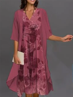 Women's Two Piece Dress Set Casual Dress Chiffon Dress Outdoor Daily Fashion Streetwear Knot Front Print Midi Dress V Neck 3/4 Length Sleeve Floral Regular Fit Pink Blue Purple Fall Winter S M L XL -HANA Luxury Wear Shop dwawlf1693534944388