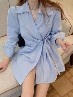Women's Shirt Dress Casual Dress Mini Dress Outdoor Daily Vacation Polyester Fashion Modern Shirt Collar Lace Up Button Long Sleeve Spring Fall Winter 2023 Loose Fit Sky Blue Plain S M L XL 2XL -HANA Luxury Wear Shop dwoafa1695027662587