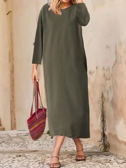 Women's Casual Dress Cotton Linen Dress T Shirt Dress Tee Dress Midi Dress Polyester Basic Classic Outdoor Daily Vacation Crew Neck Pocket 3/4 Length Sleeve Fall Autumn 2023 Loose Fit ArmyGreen Black -HANA Luxury Wear Shop dwpjvp1693447401849
