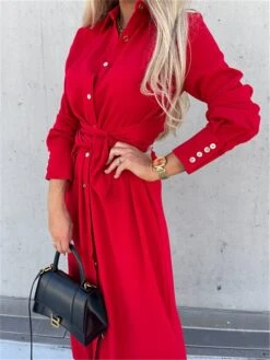 Women's Shirt Dress Shift Dress Swing Dress Maxi Long Dress Winter Dress Daily Holiday Polyester Elegant Classic Shirt Collar Button With Belt Long Sleeve Spring Fall Winter 2023 Regular Fit Black -HANA Luxury Wear Shop dxbwvc1663559809009