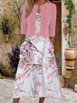Women's Two Piece Dress Set Casual Dress Tank Dress Outdoor Daily Vintage Ethnic Pocket Print Midi Dress V Neck 3/4 Length Sleeve Floral Print Loose Fit Black White Pink Summer Spring S M L XL XXL -HANA Luxury Wear Shop dxufdi1689736347610