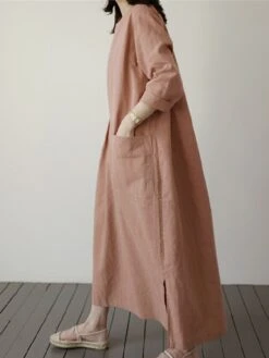 Women's Casual Dress Cotton Linen Dress Maxi Long Dress Linen / Cotton Blend Basic Classic Outdoor Daily Vacation Crew Neck Pocket Split 3/4 Length Sleeve Spring Fall Autumn 2023 Loose Fit Red Apricot -HANA Luxury Wear Shop dxzlfk1692872460162