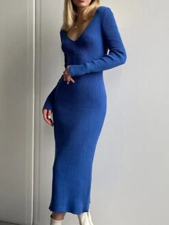 Women's Sweater Dress Jumper Dress Casual Dress Midi Dress Fashion Pure Color Outdoor Vacation Going Out V Neck Long Sleeve 2023 Regular Fit Black Pink Blue S M L -HANA Luxury Wear Shop dxzzwa1697538589550