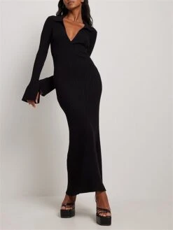 Women's Sweater Dress Winter Dress Jumper Dress Long Dress Maxi Dress Ruched Street Daily Holiday Fashion Streetwear V Neck Long Sleeve 2023 Regular Fit Black Color S M L Size -HANA Luxury Wear Shop dyfdis1692938921968