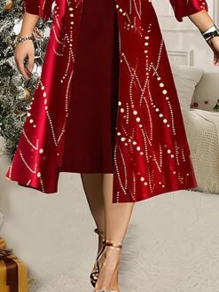 Women's Plus Size Two Piece Dress Set Velvet Dress Party Dress Party Christmas Fashion Elegant Lace Patchwork Midi Dress Crew Neck 3/4 Length Sleeve Geometric Regular Fit Wine Fall Winter L XL XXL -HANA Luxury Wear Shop dykseu1697523042786