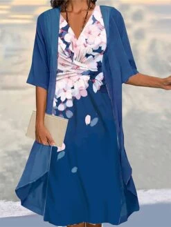 Women's Two Piece Dress Set Casual Dress Chiffon Dress Outdoor Daily Fashion Streetwear Knot Front Print Midi Dress V Neck 3/4 Length Sleeve Floral Regular Fit Black Pink Blue Fall Winter S M L XL XXL -HANA Luxury Wear Shop dypurm1693972032531