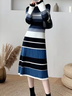 Women's Sweater Dress Winter Dress Jumper Dress Midi Dress Warm Color Block Stripe Outdoor Daily Going Out Crew Neck Long Sleeve 2023 Loose Fit Black Blue S M L XL -HANA Luxury Wear Shop dzorpn1696926578577