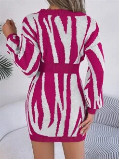 Women's Sweater Dress Winter Dress Jumper Dress Mini Dress Warm Stripe Outdoor Casual Holiday Vacation V Neck Long Sleeve Patchwork 2023 Loose Fit Green Khaki Rose Red S M L -HANA Luxury Wear Shop dzvuqf1696926507119