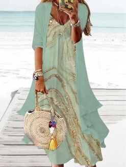 Women's Two Piece Dress Set Casual Dress Print Dress Outdoor Daily Fashion Streetwear Print Long Dress Maxi Dress V Neck Half Sleeve Ombre Marble Print Loose Fit Green Summer Spring S M L XL XXL -HANA Luxury Wear Shop eayqsf1684401502340